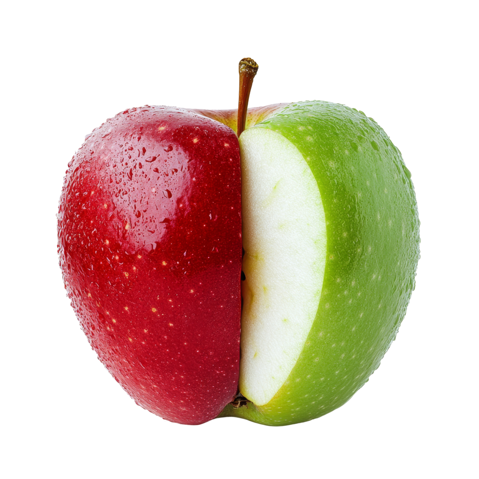 Half red and green apple isolated on a bright transparent background showcasing vivid colors and fresh droplets, half red and green apple isolated on transparent background png