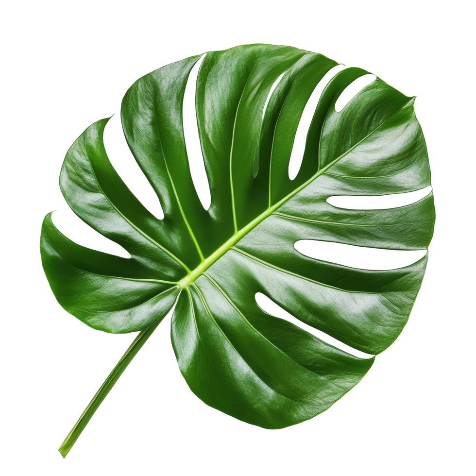 Vibrant green tropical leaf featuring intricate cutouts against a clean transparent background for a fresh, natural aesthetic, of green tropical leaf isolated transparent background png