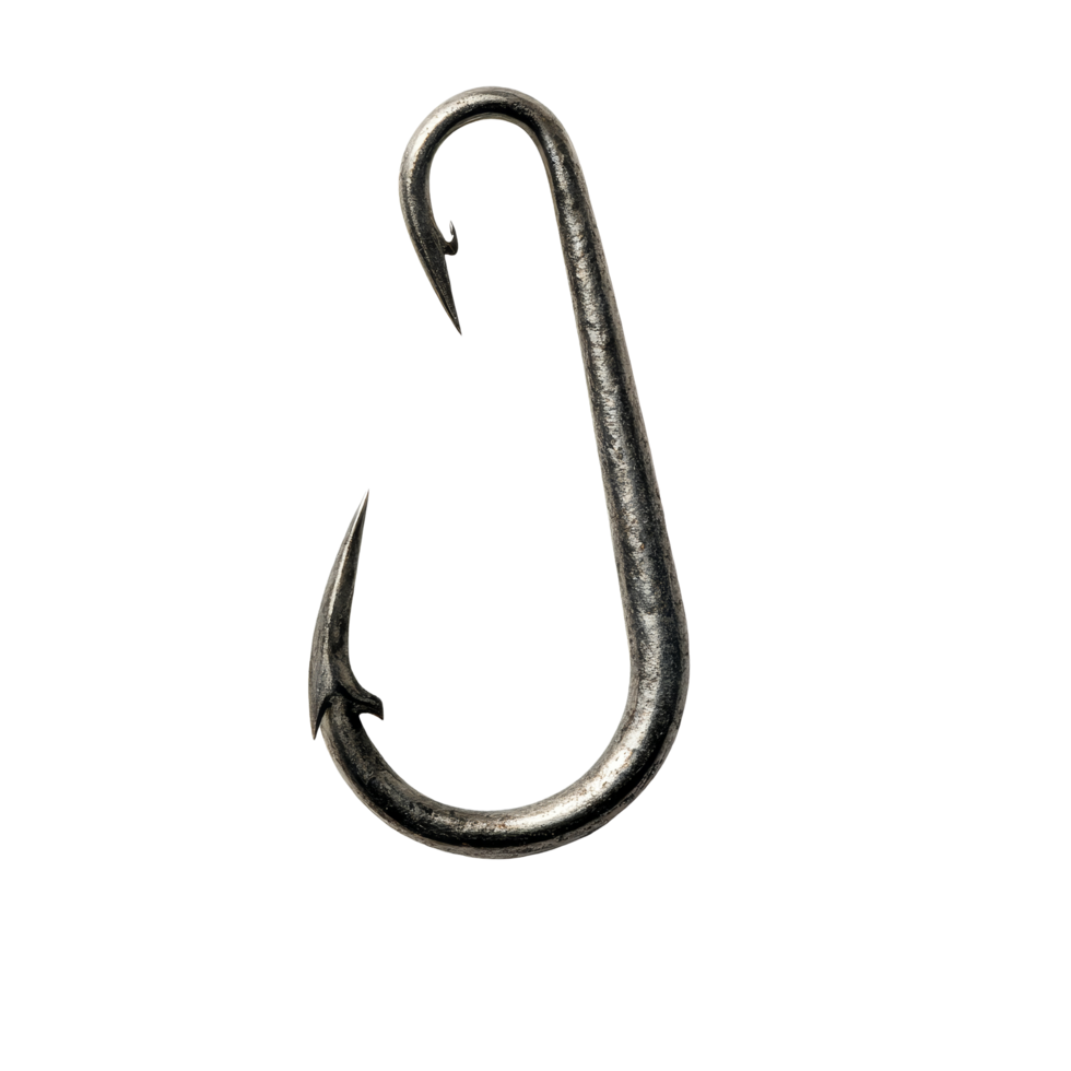 Detailed fishing hook isolated on a clean transparent background for fishing enthusiasts and tackle shop displays, fishing hook isolated on a transparent background png