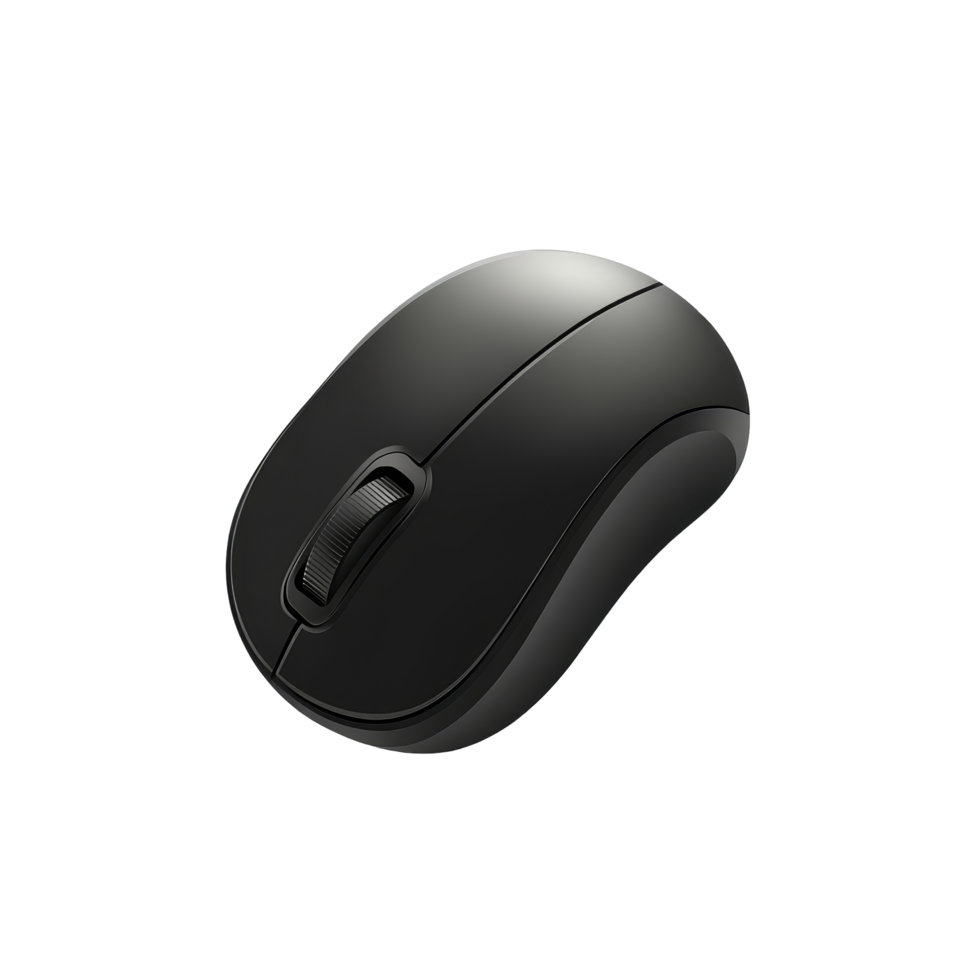 A black computer mouse on a transparent background showcasing a modern design perfect for gaming or office use, computer mouse on transparent backgroundfile png
