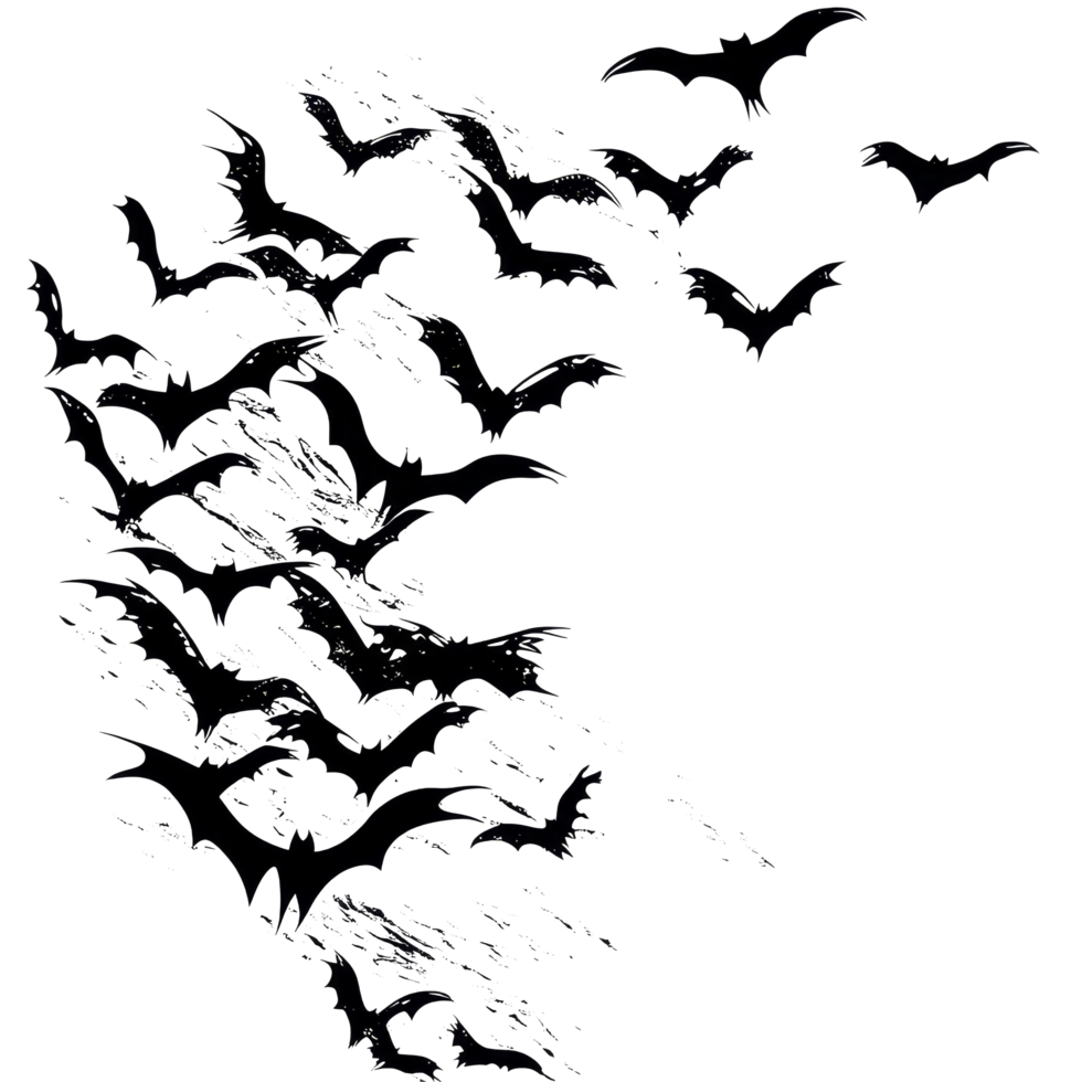 A flock of bats silhouetted against a light background flying in the evening sky, capturing nature's nocturnal movement, flock of some bats silhouette Stock png