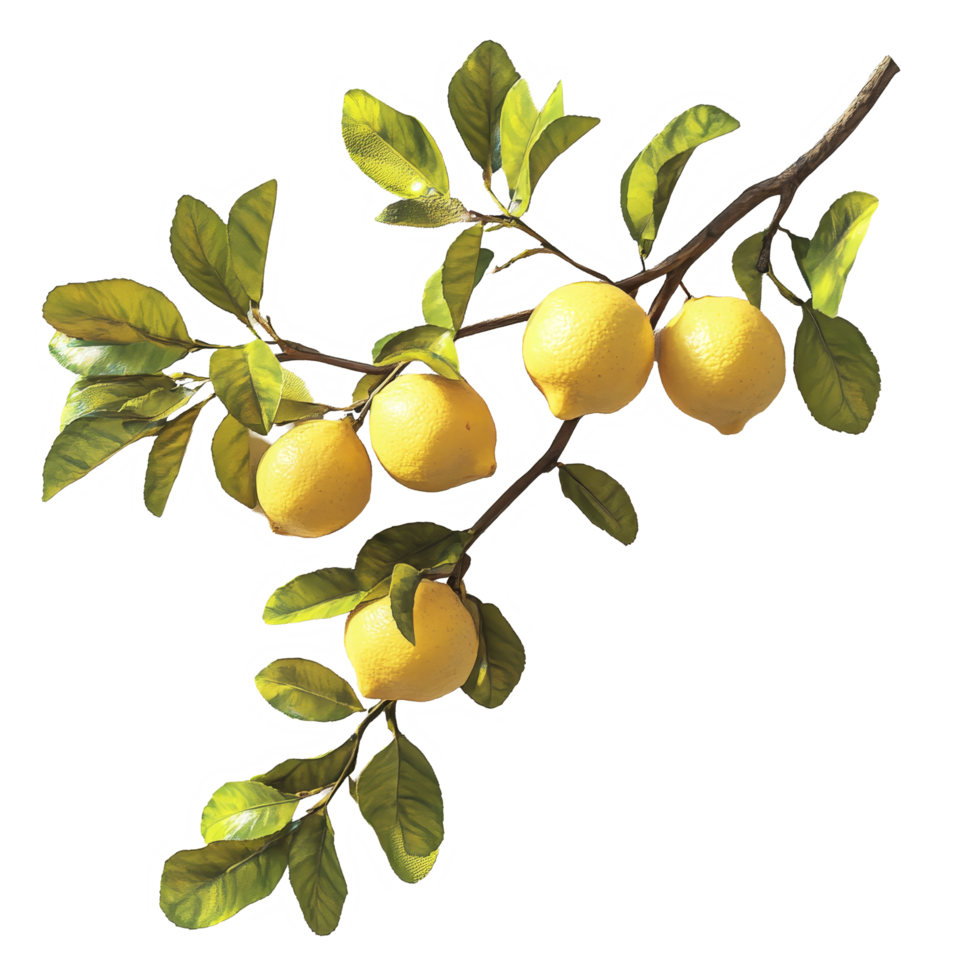 Lemon branch with vibrant fruit and green leaves against a transparent background, Branch of delicious lemons on whtie background cutouts png