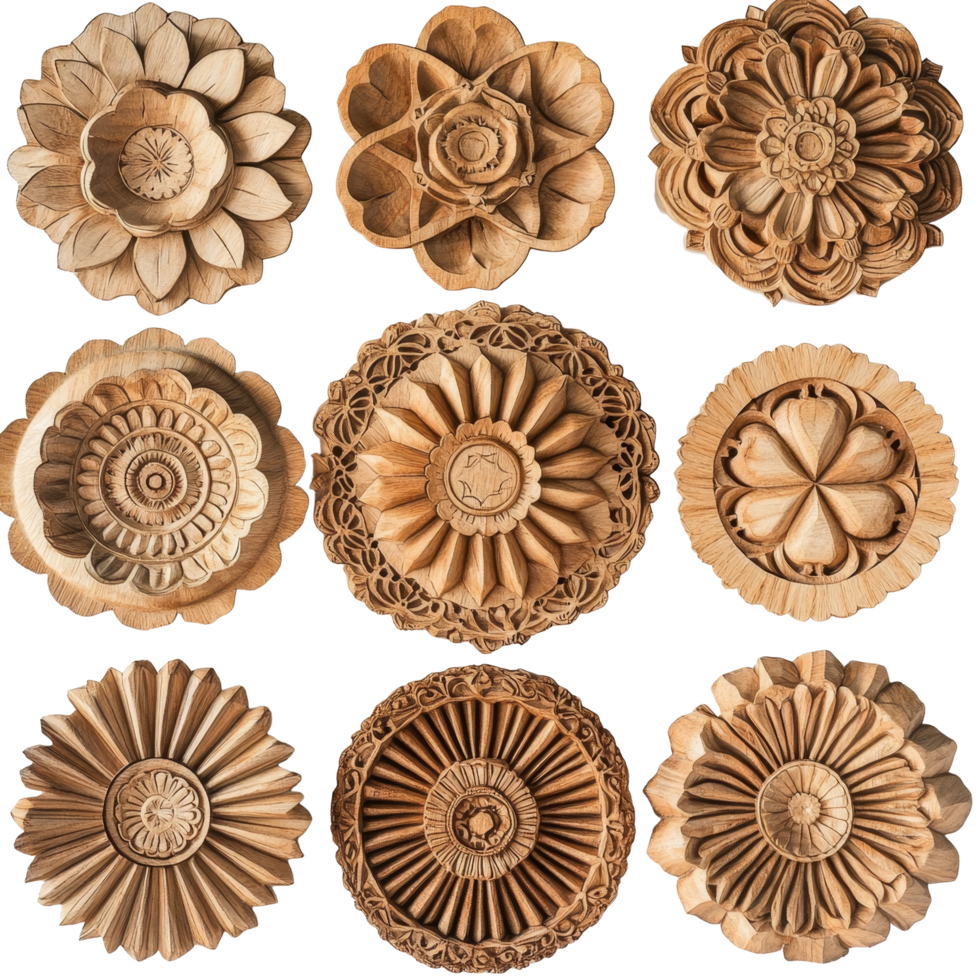 Intricate carved wooden mandalas displayed beautifully on a transparent background, showcasing craftsmanship and artistry, Intricate Carved Wooden Mandalas On transparent background png