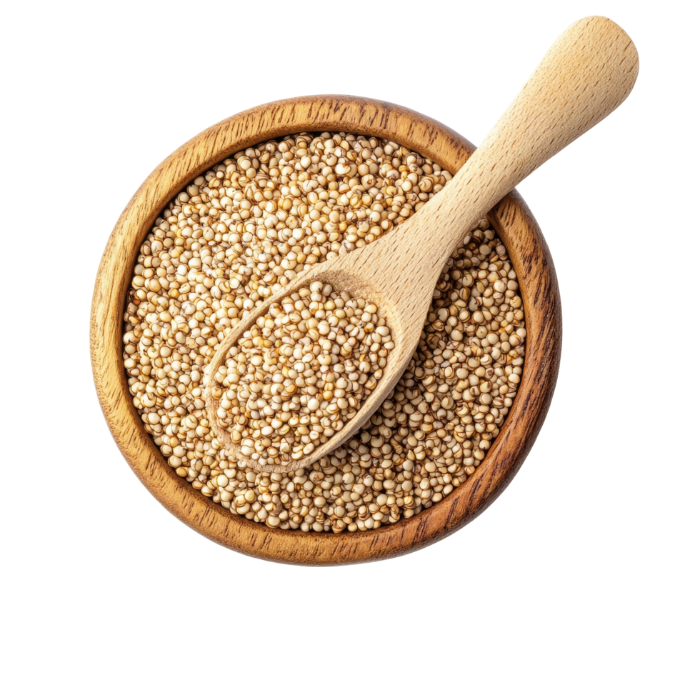 Quinoa seeds in a wooden bowl with a spoon, displayed against a clean transparent background, Quinoa on transparent background png