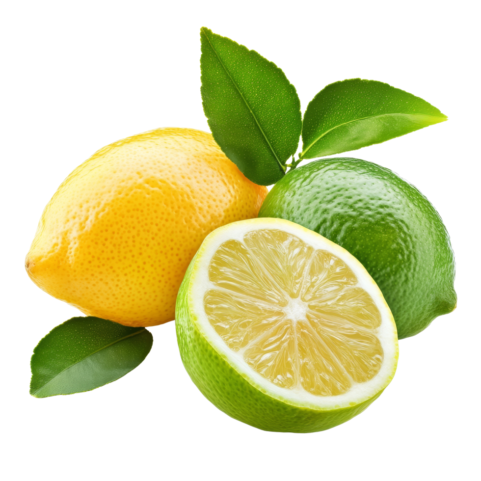 Fresh lemon and lime fruits with green leaves isolated on a transparent background, perfect for culinary use and decoration, lemon and lime fruit isolated on transparent background png