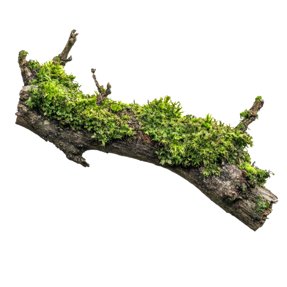 Green moss covering a rotten branch isolated on a transparent background, showcasing nature's resilience in detail, Green moss on rotten branch template, isolated transparent background png