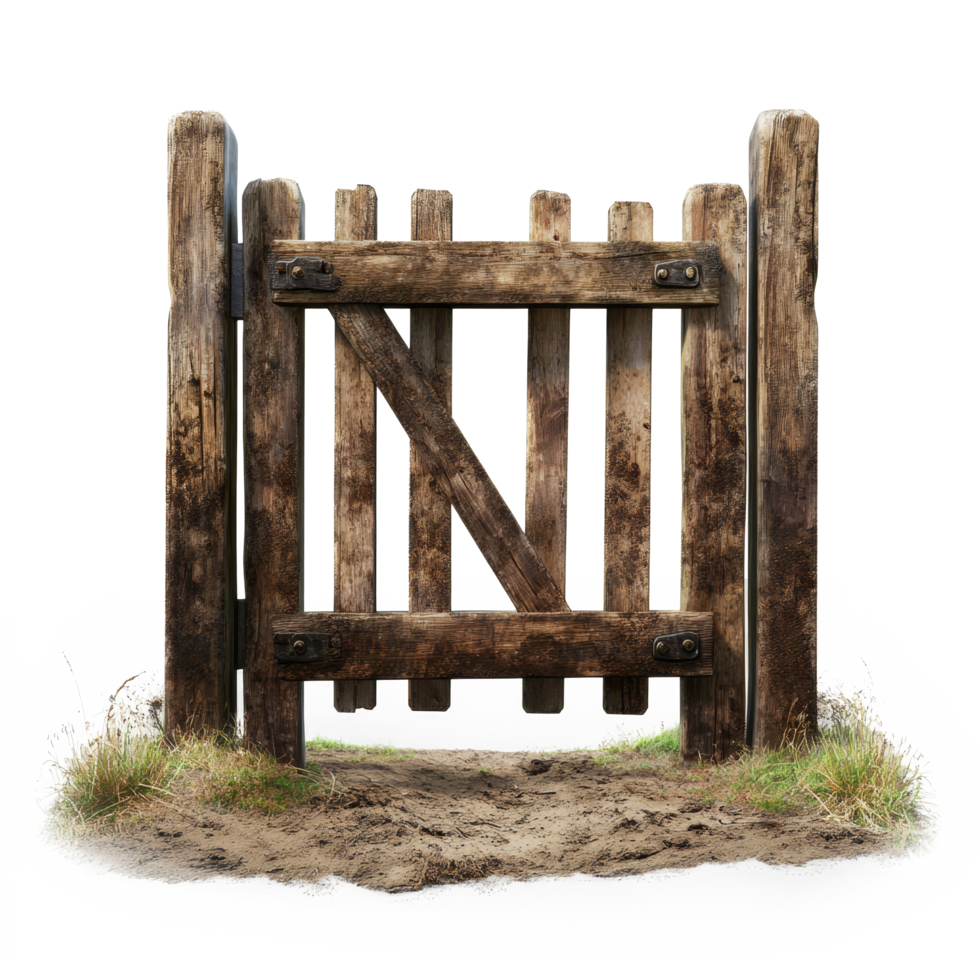 A rustic soil gate made of weathered wood against a pure transparent background showcasing transparent hues, Beautiful soil gate on a transparent background png