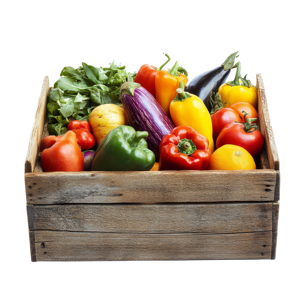 Fresh vegetables in a rustic wooden box against a clean transparent background, vegetables in a wooden box isolated on transparent background png