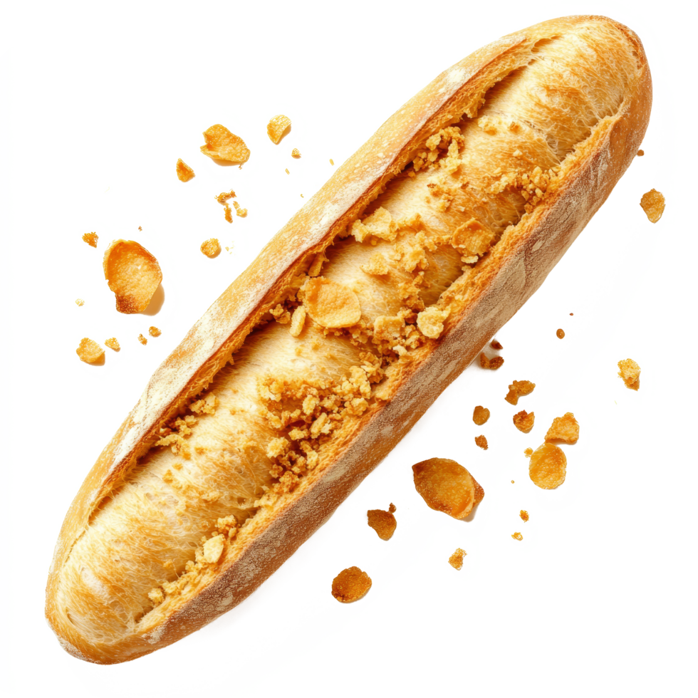 Fresh baguette with crispy crumbs displayed on a clean surface showcasing its texture and rustic appeal, Fresh Baguette with Crispy Crumbs Isolated isolated on transparent background png