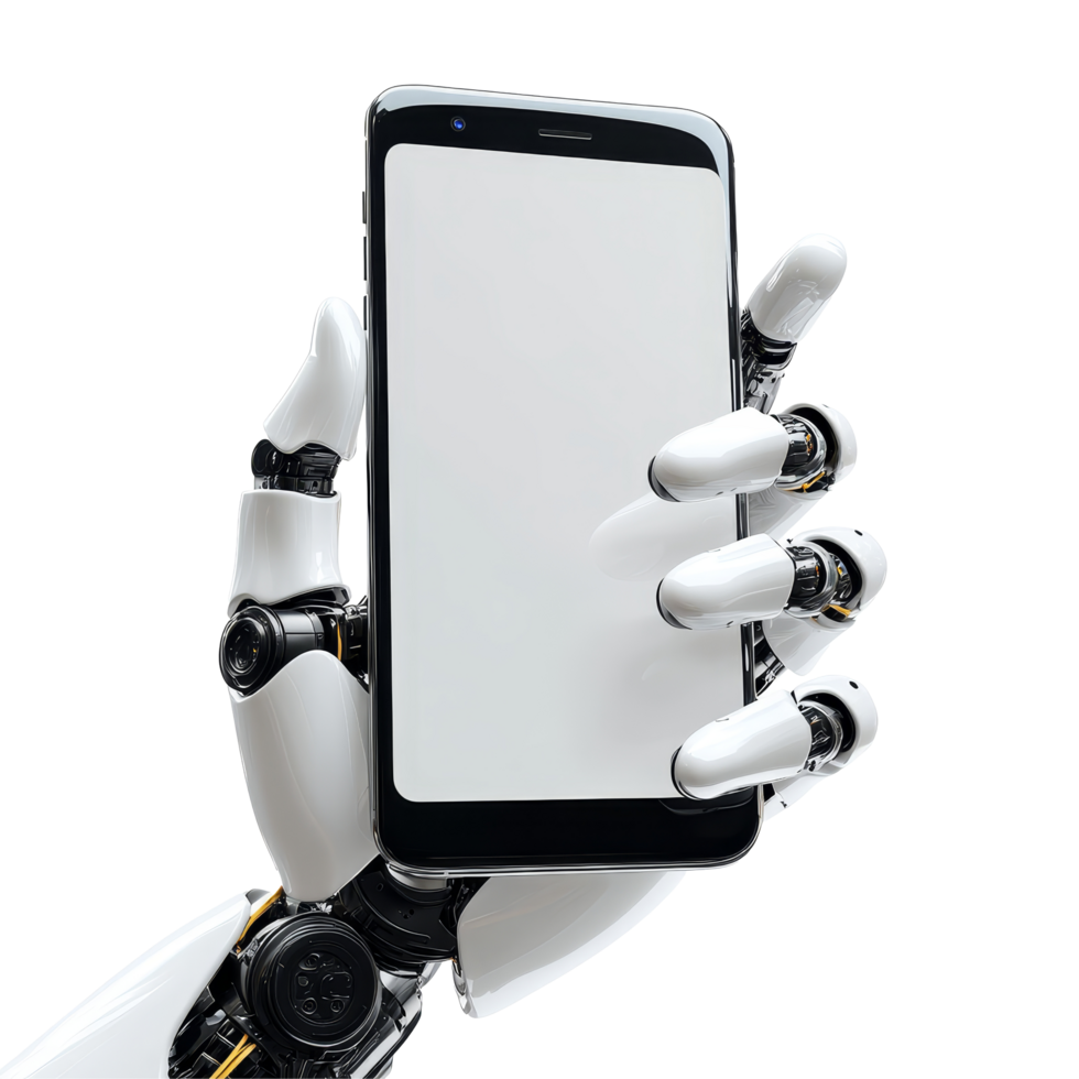 Robotic hand holding a blank smartphone isolated on a transparent background, showcasing modern technology and innovation, Robotic Hand Holding Blank Smartphone Isolated on transparent background png