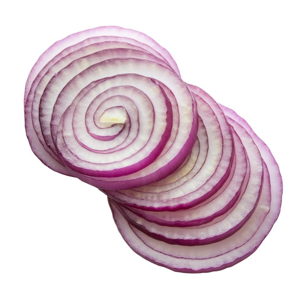 Freshly sliced red onion rings on a clean transparent background showcasing their vibrant color and texture, red onion slices isolated on transparent background png