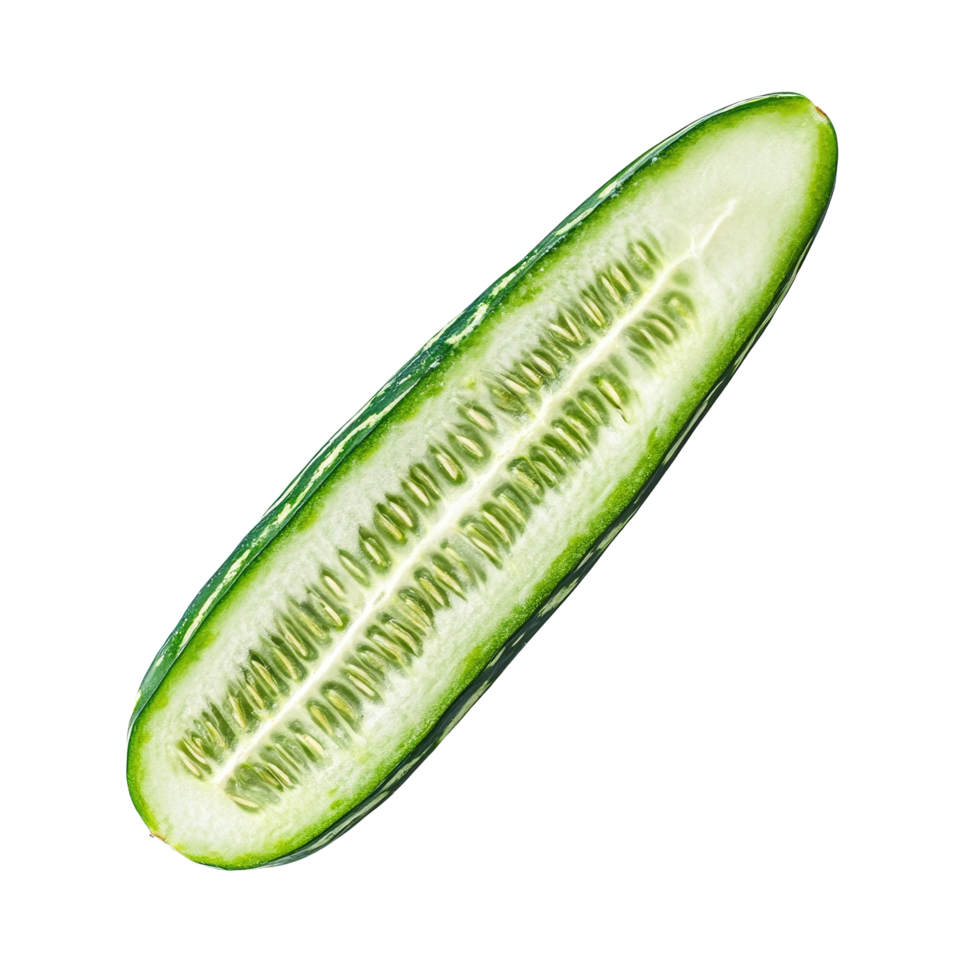 Freshly sliced striped cucumber showcasing vibrant green color and distinct texture against a clean transparent backdrop, slice striped cucumber on transparent background png