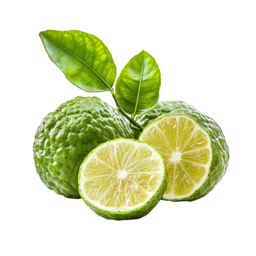 Bergamot fruit with green skin and cut segments featuring vibrant yellow interior on transparent backdrop, ripe bergamot isolated on transparent background png