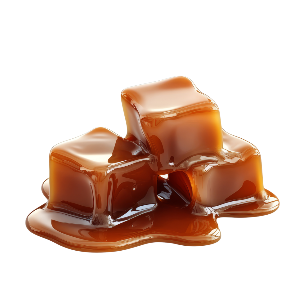 Melting caramel ice cubes dripping on a transparent background creating a sweet and indulgent visual treat, Melting Caramel Ice Cubes on transparent background png