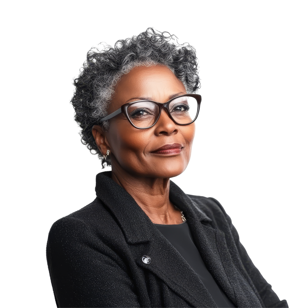 Confident older woman with glasses poses for portrait against a clean transparent background, attractive black older woman, file of isolated object with shadow on transparent background png