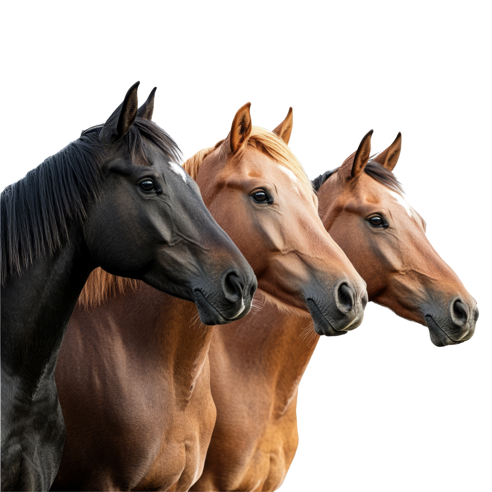 Three horses standing side by side against a clean transparent background, showcasing their distinct coats and expressions, horses isolated on transparent background png