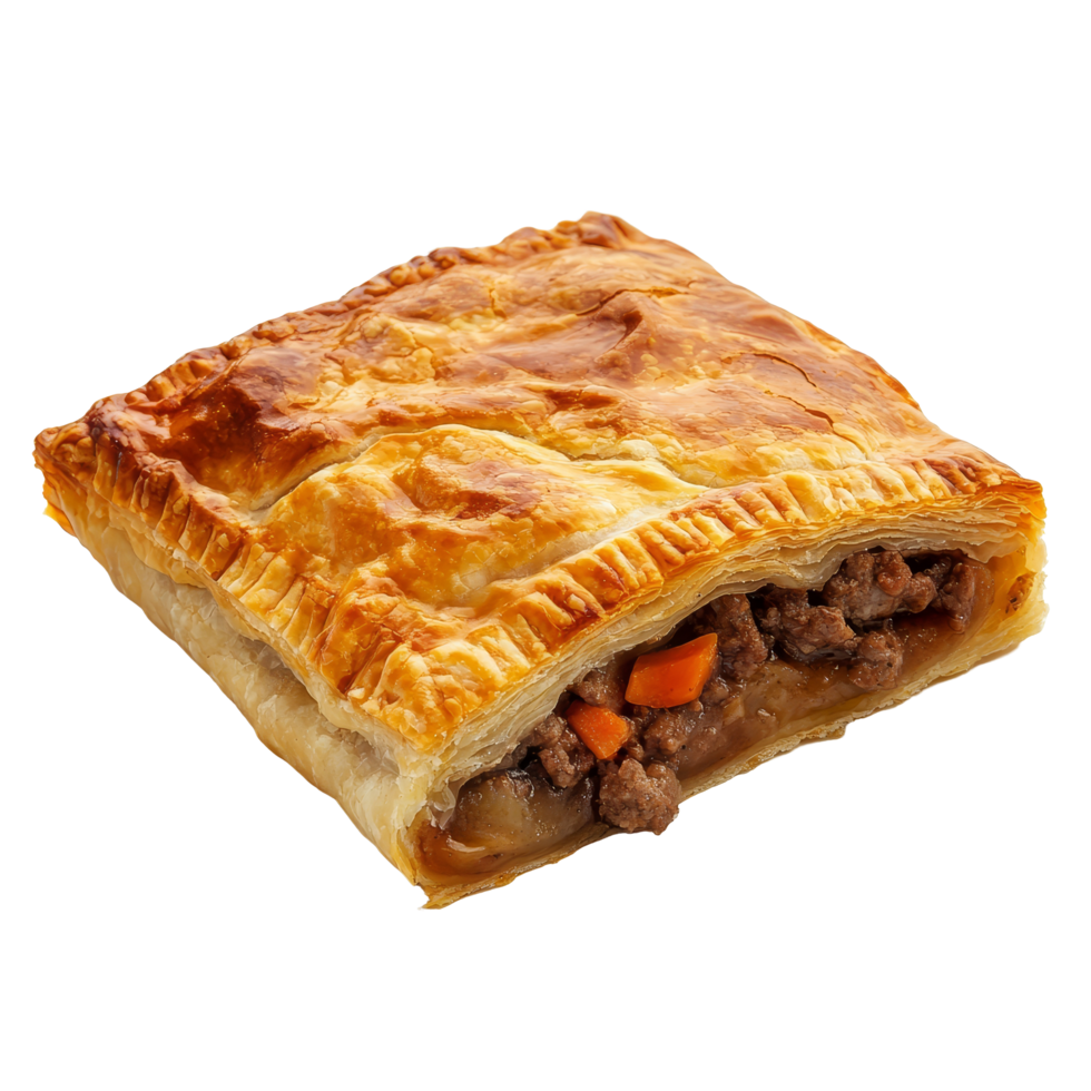 Delicious oriental puff pie filled with tender meat samsa, showcasing golden flaky crust and rich savory filling, Isolated orinetal puff pie with meat samsa png