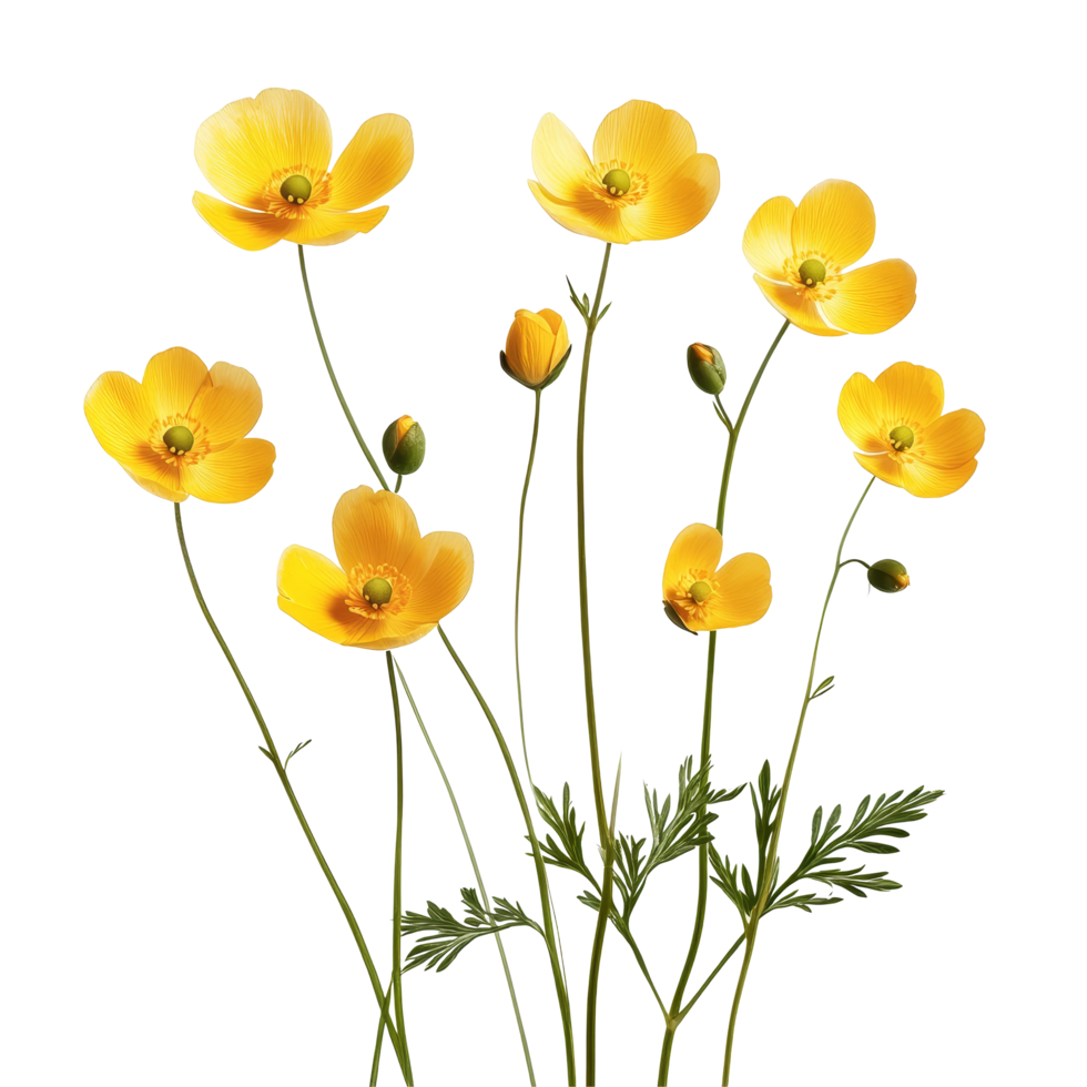 Beautiful buttercup flowers standing tall against a clear transparent background showcasing their vibrant yellow petals, Buttercup flowers isolated on transparent background png