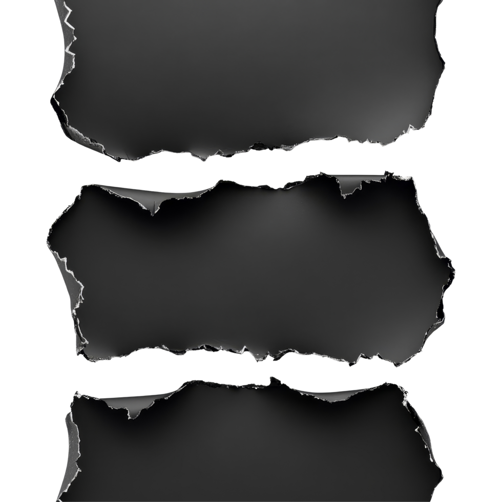 Ripped black paper pieces isolated on a transparent background creating a dramatic contrast and texture appeal, ripped black paper isolated transparent background png