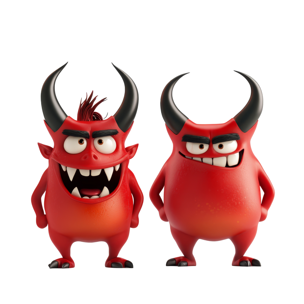 Cheerful cartoon devil characters enjoying a playful moment on a transparent background, 3D Cartoon Devil Characters on transparent background png
