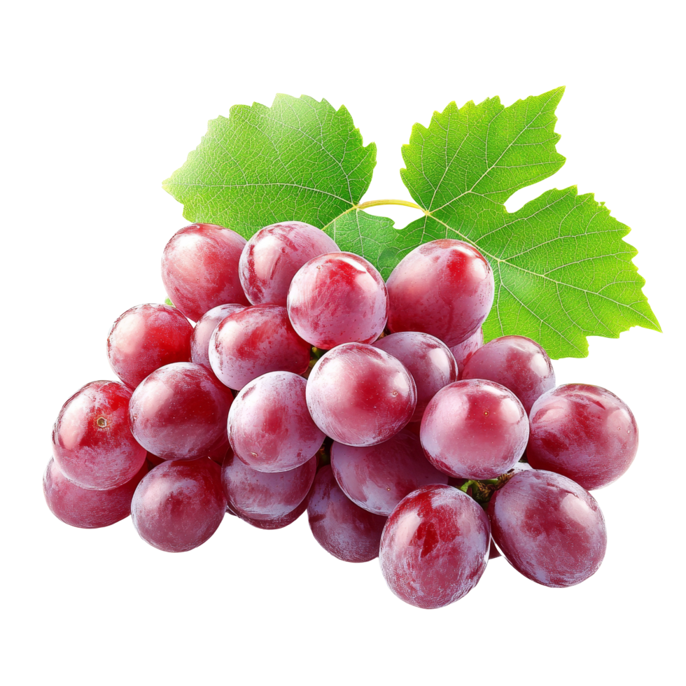 Fresh red grapes cluster on a transparent background with green leaves, perfect for healthy snacks or recipes, Fresh Grapes Cluster Isolated isolated on transparent background png