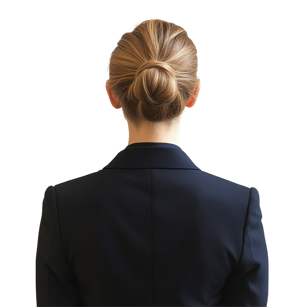Back view of a businesswoman wearing a blazer with a bun hairstyle against a transparent background, Back View of Business Woman with Bun on transparent background png