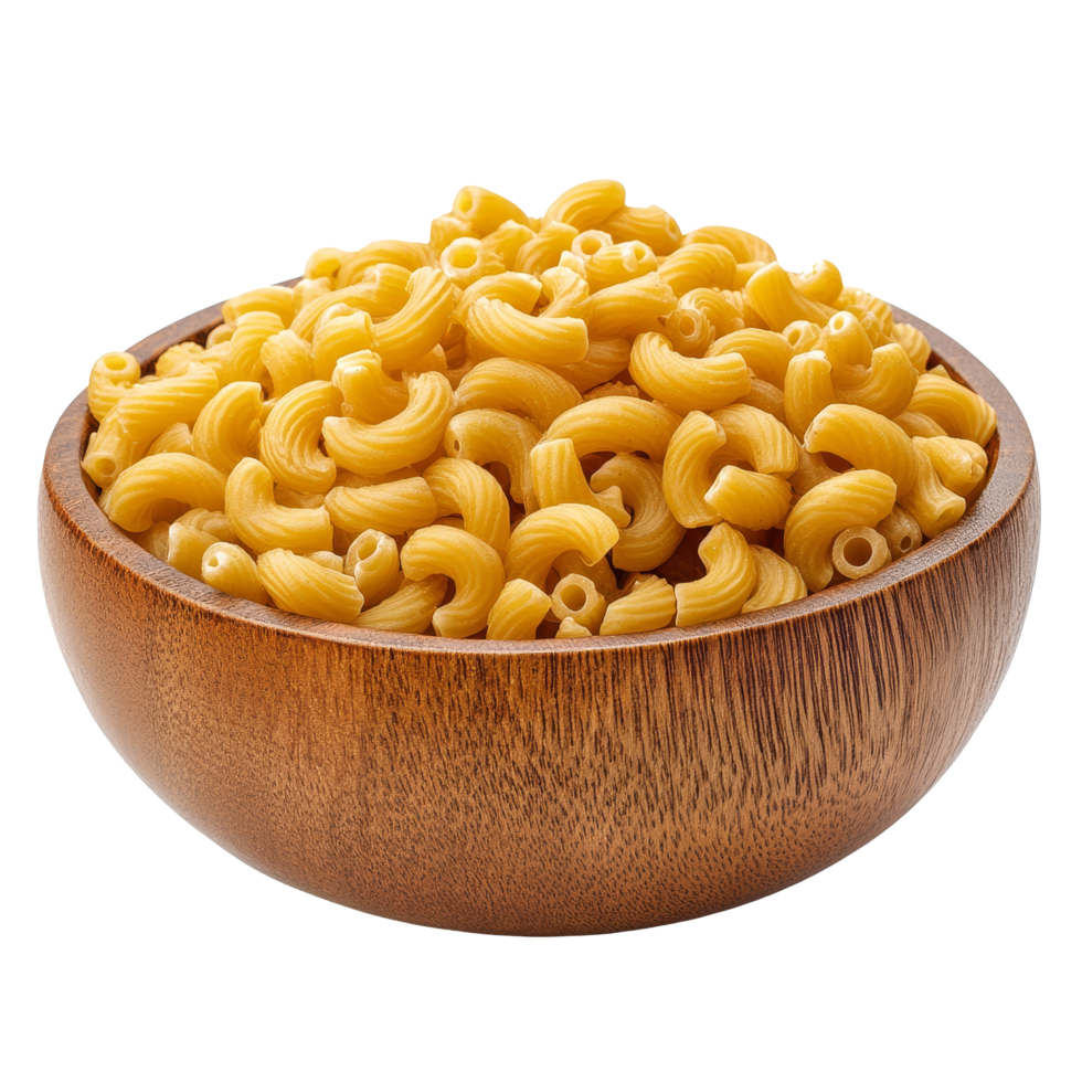 A wooden bowl filled with a pile of raw macaroni gomiti pasta on a clean transparent background, Pile of raw Macaroni Gomiti Pasta in wood bowl isolated on transparent background png