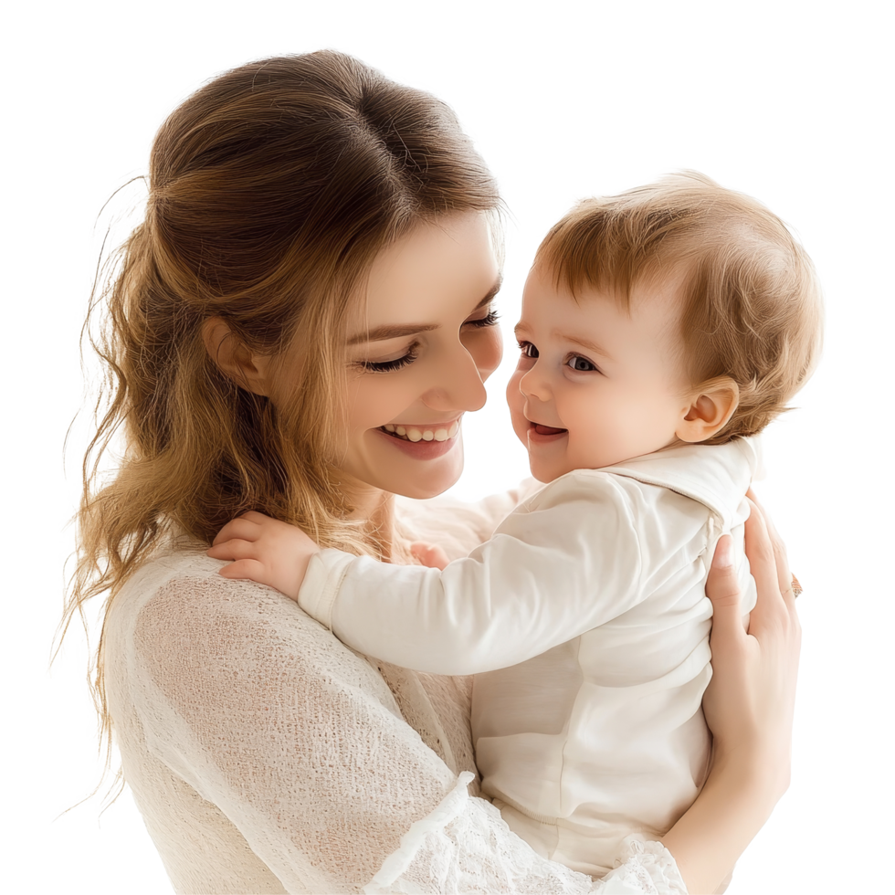 A loving mother embraces her joyful toddler against a serene transparent background, Mother Holding Toddler Lovingly on transparent background png