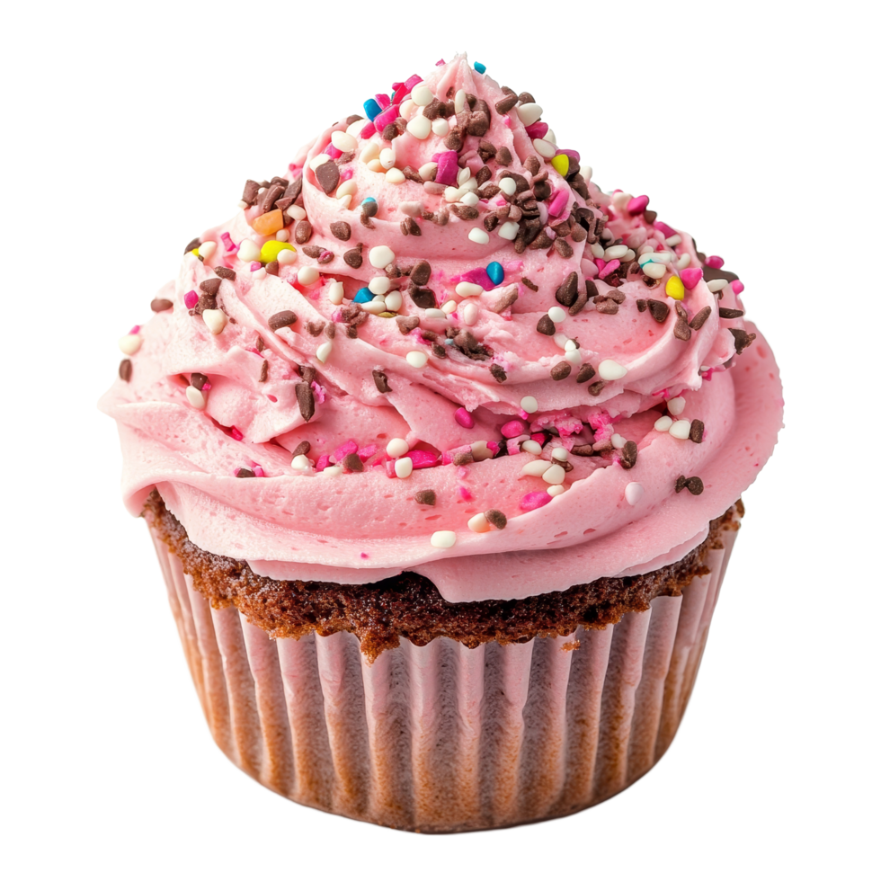 Delicious pink frosted cupcake topped with colorful sprinkles against a transparent background, pink cake topping on transparent background file png