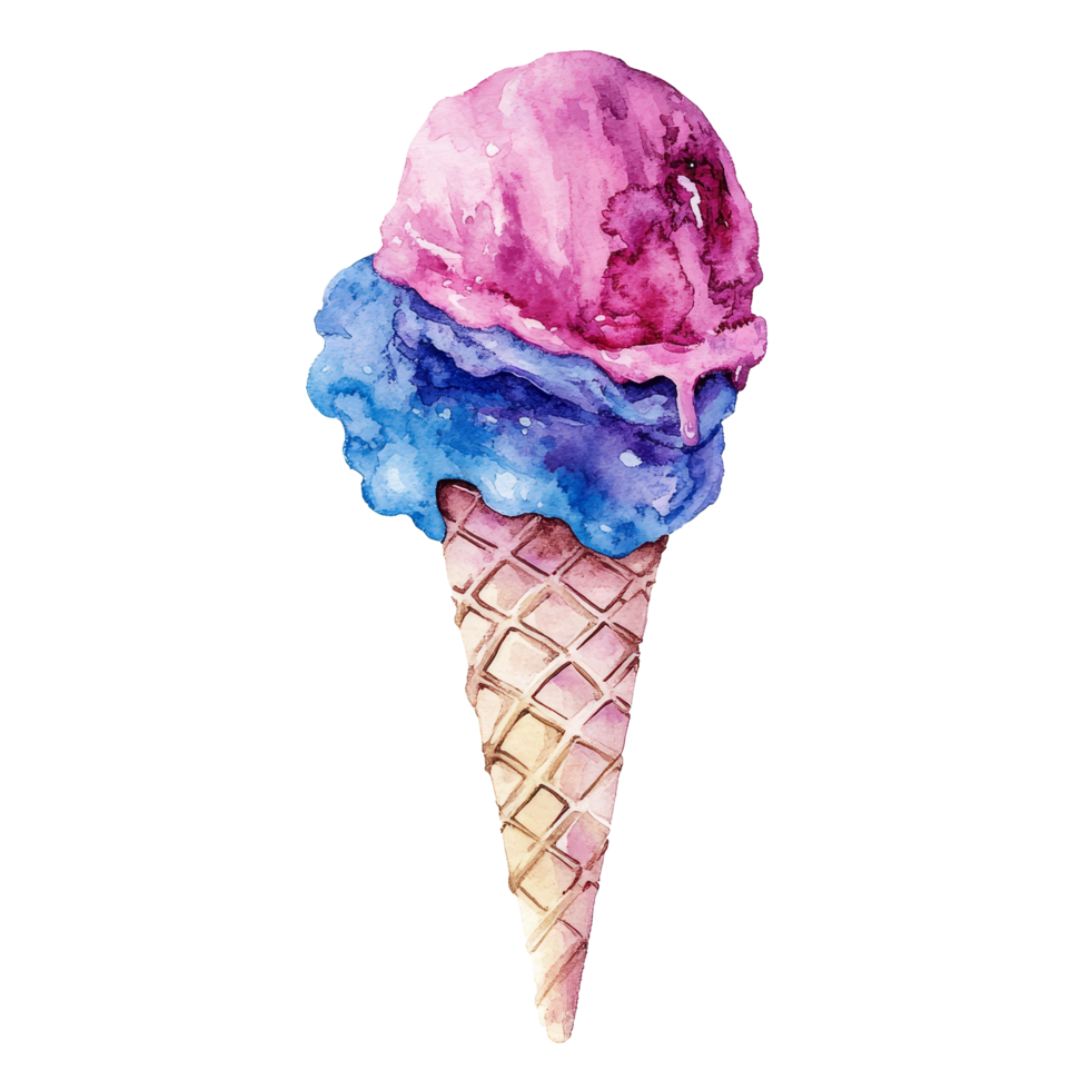 Colorful watercolor depiction of a two-scoop ice cream cone on a plain background, ice cream on a transparent background. ice cream isolated on transparent background png