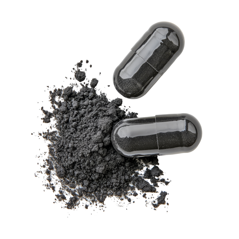 Activated charcoal capsules and powder on a clean surface for natural detox, Activated charcoal capsule and powder isolated on transparent background png