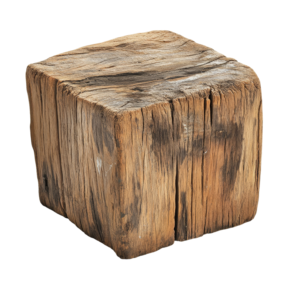 Old rotten wood block isolated on a transparent background showcases natural decay and texture in simple elegance, old rotten wood block isolated on transparent background png