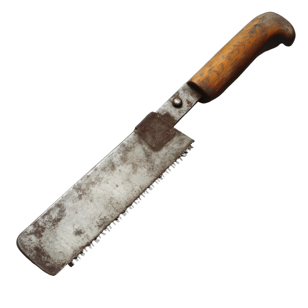 Detailed view of a rugged hacksaw with a wooden handle resting on a gray surface for woodworking or metalwork tasks, Hacksaw with handle png