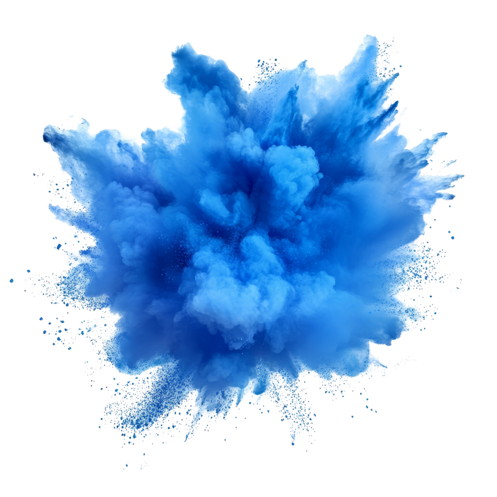 Vibrant blue color explosion on a transparent background showcasing dynamic cloud-like patterns, blue color explosion isolated on transparent background png