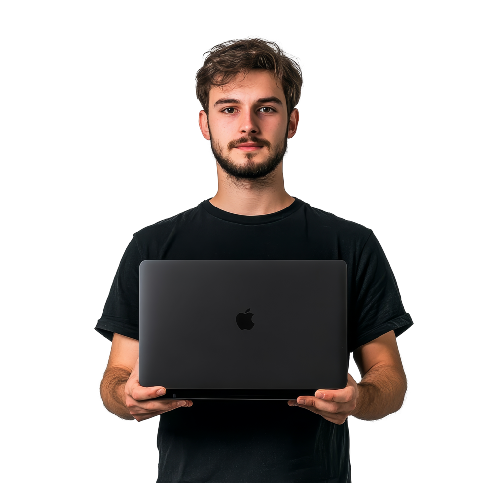 A young man stands confidently holding a laptop against a transparent background in a casual setting, Man holding the laptop on transparent backgroundfile png