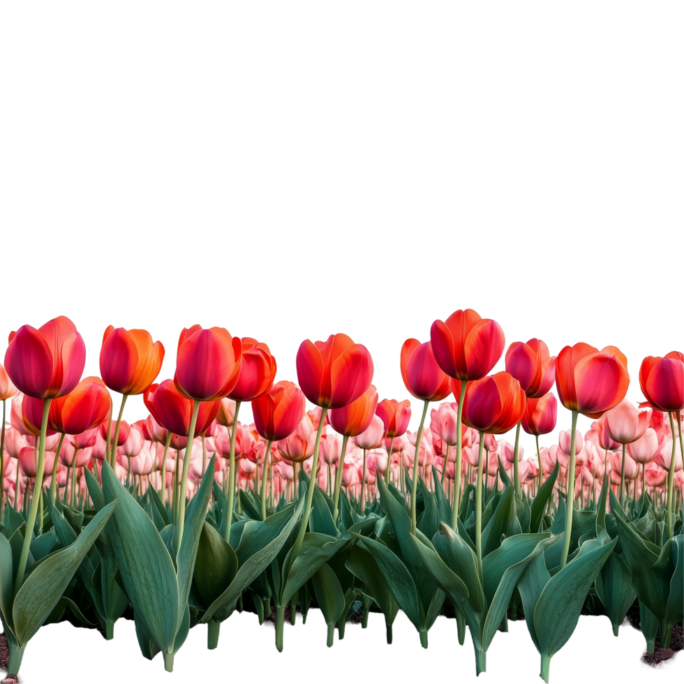 Vibrant tulip fields in full bloom with a transparent background, showcasing nature's beauty and springtime colors, Tulip field, transparent background png
