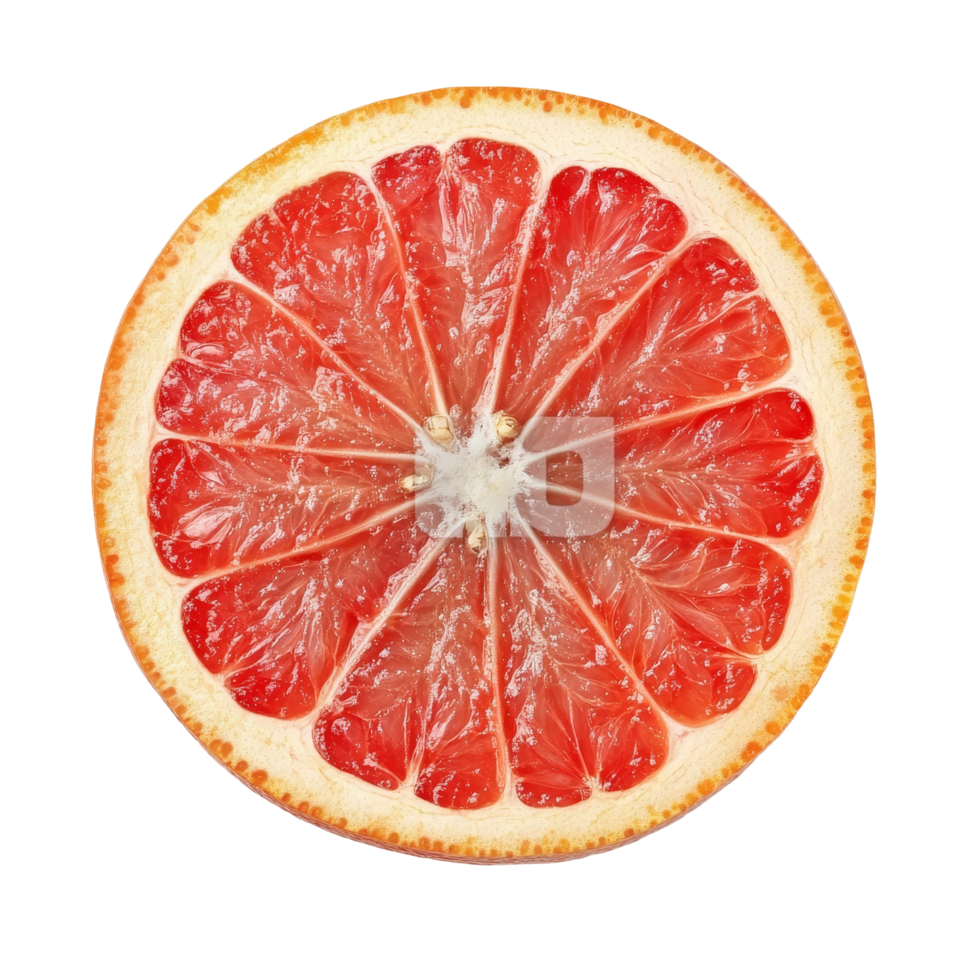 A fresh slice of grapefruit on a clean transparent background showcasing its vibrant pink interior and textured surface, slice of grapefruit isolated on transparent background png