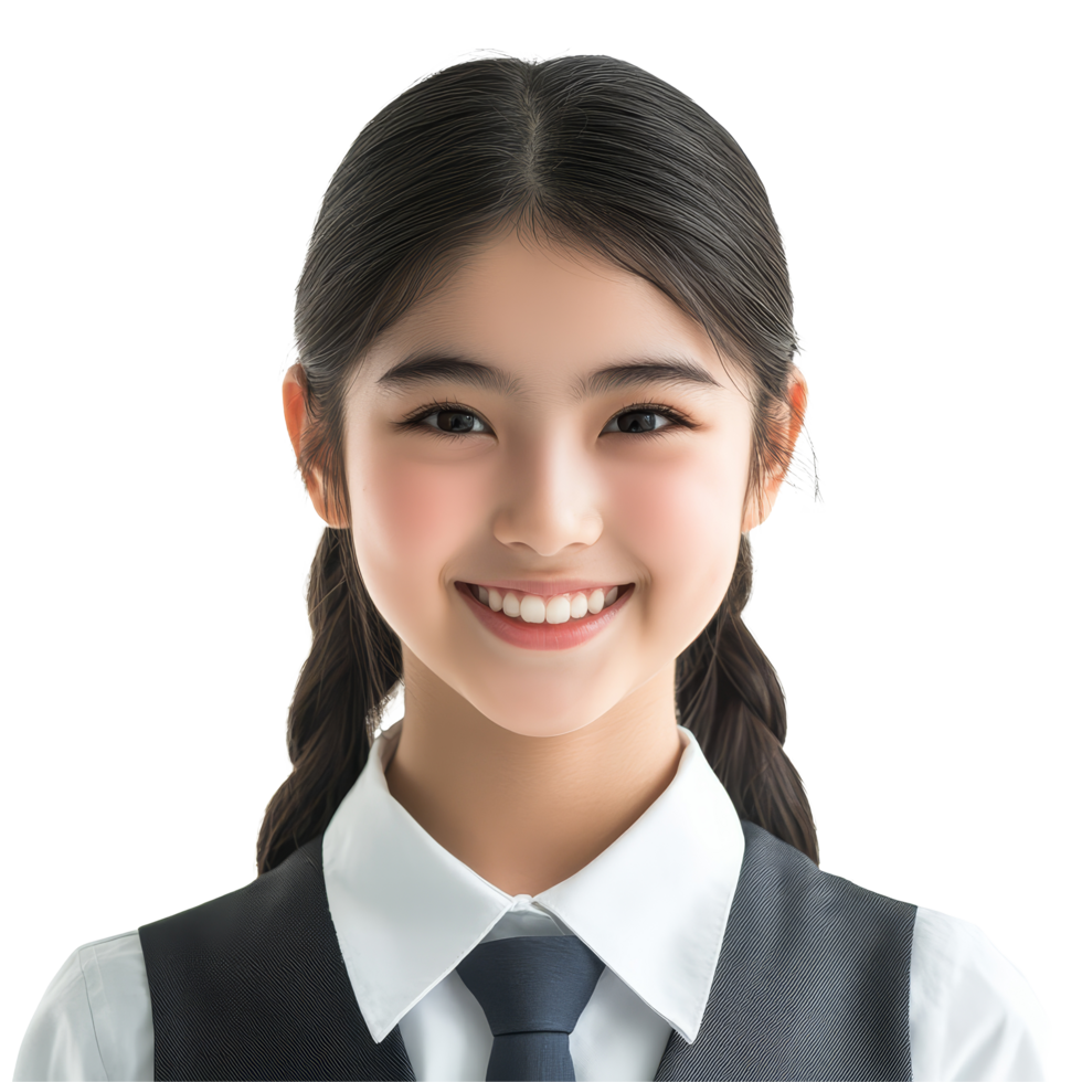 Joyful young Asian student girl in school uniform smiling brightly with confidence in a bright setting, Portrait of Happy young Asian student girl in school uniform isolated transparent background png