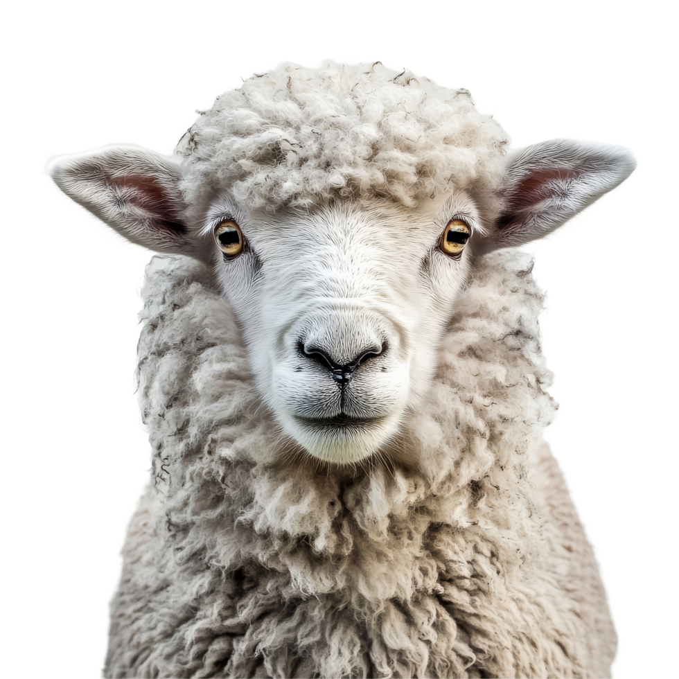 A close-up view of a Yorkshire sheep with fluffy wool against a plain transparent background, Yorkshire on transparent background png