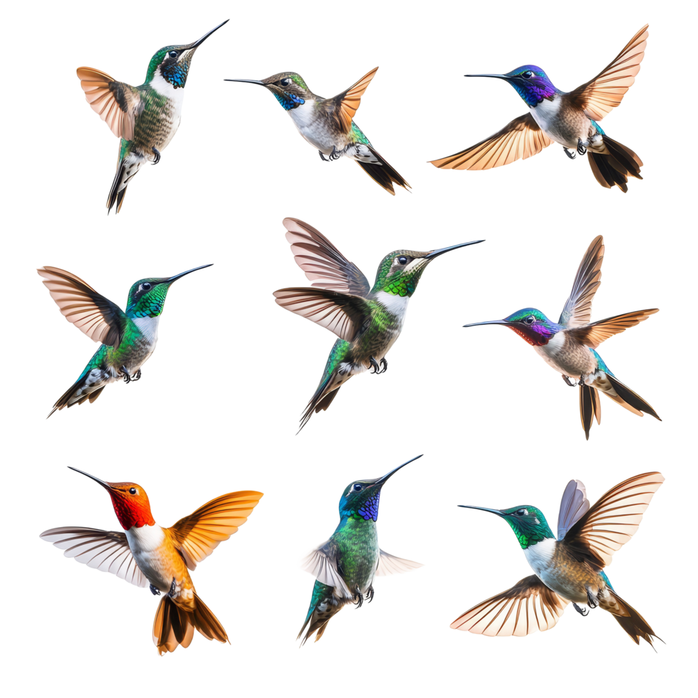 Various hummingbirds in flight captured against a bright background showcasing their vibrant plumage, diffrent hummingbird birds in flight isolated on transparent background png