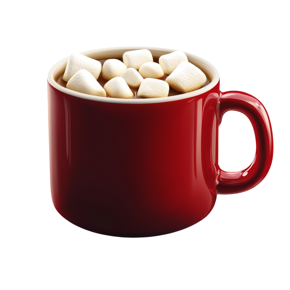 A cozy red mug filled with roasted marshmallows, perfect for winter enjoyment by the fireplace, Isolated red mug with roast marshmallow png