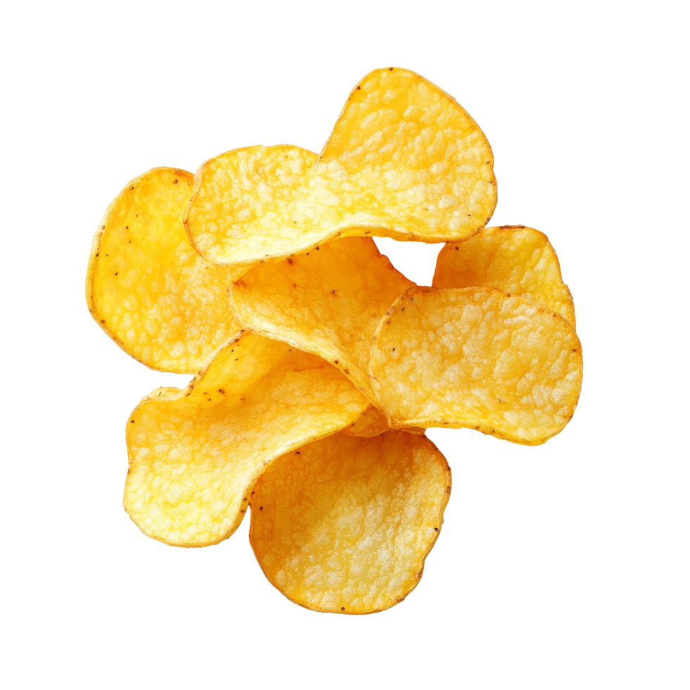 Freshly sliced potato chips arranged neatly in a pile on a transparent background, Potato slice into potato chips isolated png