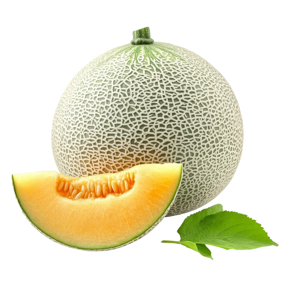 Fresh melon with vibrant orange flesh and green leaf isolated on a clean transparent background for culinary presentation, melon with leaf isolated on transparent background png