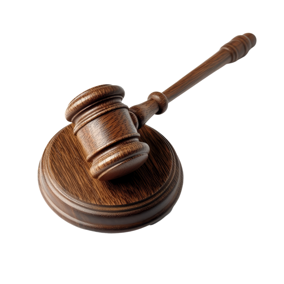 A wooden gavel resting on a circular base, perfect for courtroom settings or legal-themed decor, wooden gavel isolated on transparent background png