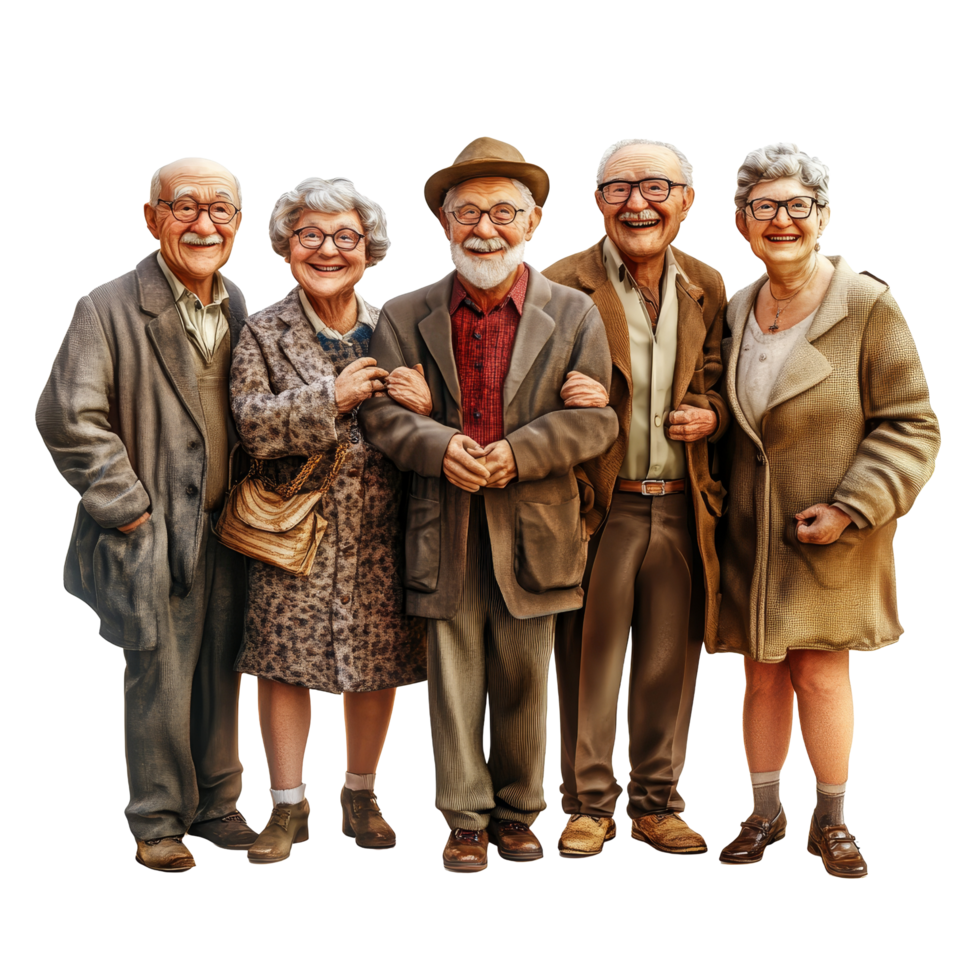 A joyful gathering of happy elderly friends enjoying time together at Isola, diversified group of happy old people, file of isolated object on transparent background png