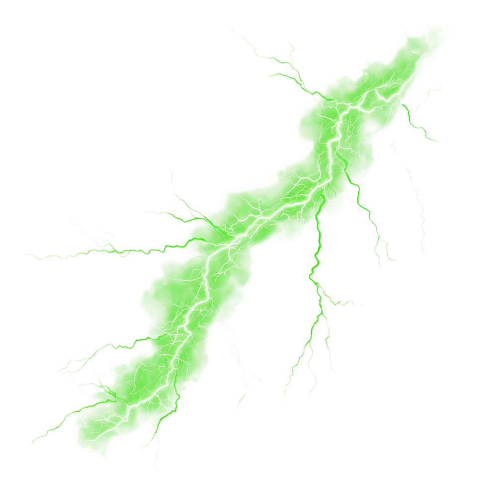 Light green electric lightning bolt isolated on a transparent background creating a striking visual effect, light green electric lightning isolated on transparent background png