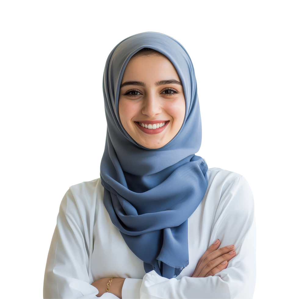 Happy Islamic female student smiling with pride in a simple outfit, isolated on a transparent background, Islamic female student smiling happily isolated on transparent background png