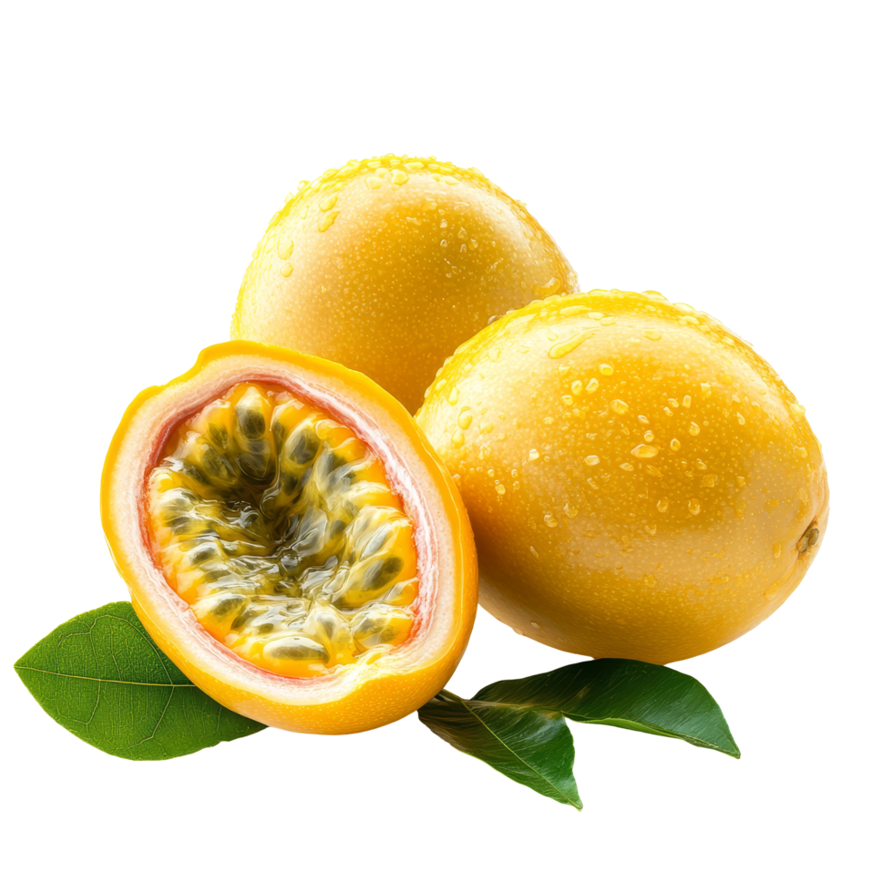 Fresh yellow passion fruit with leaf against a clean transparent background showcasing its vibrant color and texture, yellow passion fruit with leaf on transparent background png