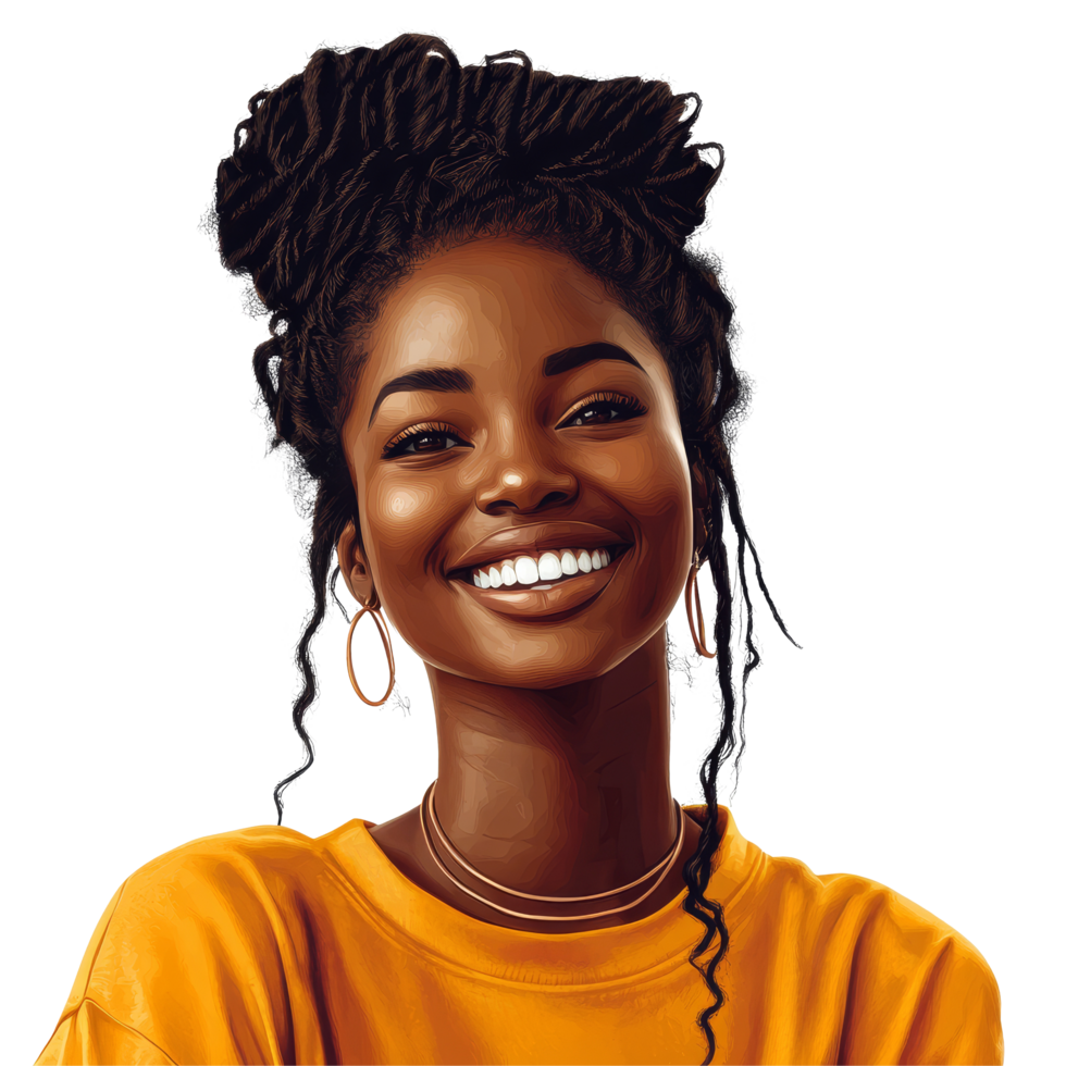 Happy black woman smiling in a vibrant yellow shirt with joyful expression against a transparent background, portrait of a black woman happy female isolated on transparent background png