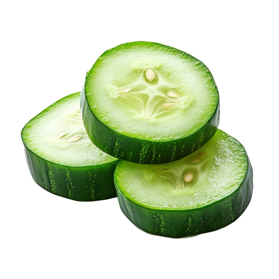 Fresh cucumber slices arranged artfully on a clean transparent background, showcasing their vibrant green color and texture, Fresh slice cucumber closeup on transparent background png